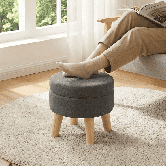LEDREM Footstool Round Storage Ottoman with Linen-Look Fabric, 12.2-Inch Footrest and Small Table for Living Room and Hallway, Slate Gray