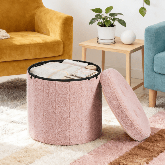 LEDREM Round Storage Ottoman with Removable Lid, 18.1 Inch Folding Footrest Stool with Teddy Fleece, Jelly Pink