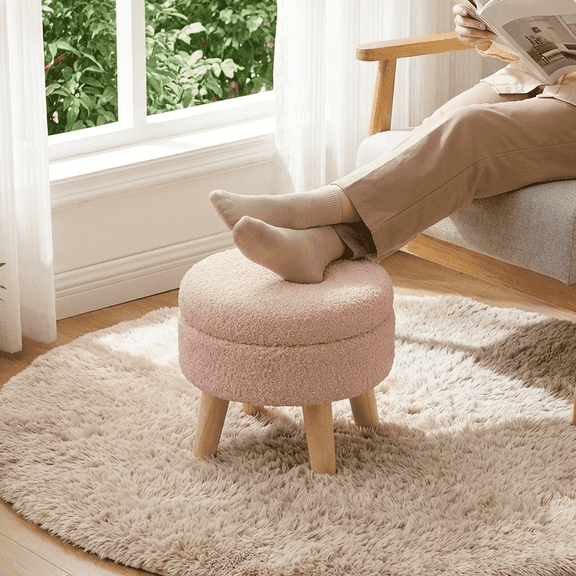 LEDREM Footstool Round Storage Ottoman with Teddy Fleece Seat, 12.2-Inch Footrest and Small Table for Living Room and Hallway, Jelly Pink