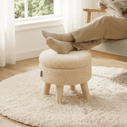 LEDREM Footstool Round Storage Ottoman with Teddy Fleece Seat, Footrest and Small Table for Living Room and Hallway, Summer Sand