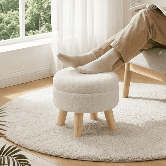 LEDREM Footstool Round Storage Ottoman with Teddy Fleece Seat, Footrest and Small Table for Living Room and Hallway, White