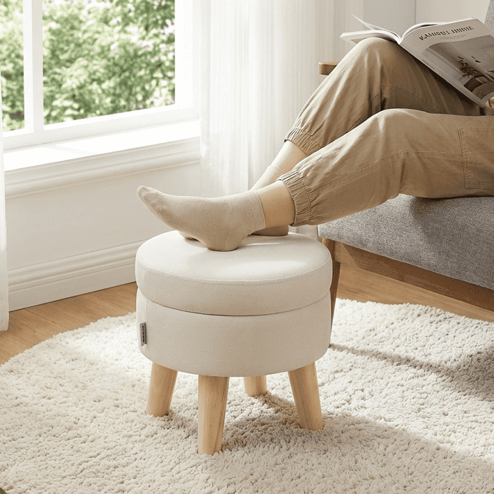 LEDREM Footstool Round Storage Ottoman with Velvet Padded Seat, 12.2-Inch Footrest and Small Table for Living Room and Hallway, Cream White