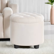 LEDREM Round Velvet Storage Ottoman - 17.7" Foot Rest Stool with Hidden Compartment, 330lb Capacity, for Living Room, Bedroom, Dorm, Cream White