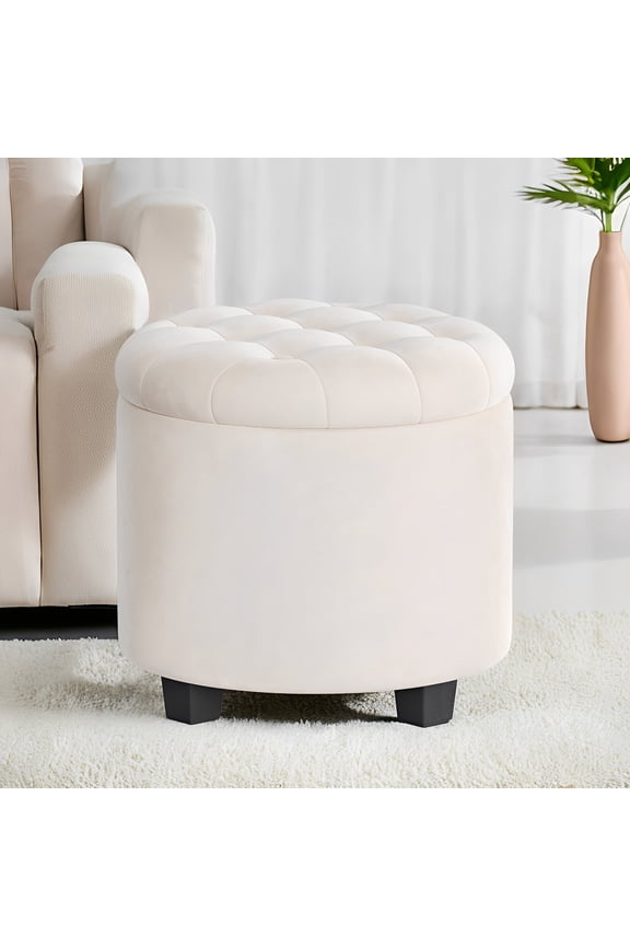 Round Velvet Storage Ottoman - 17.7" Foot Rest Stool with Hidden Compartment, 330lb Capacity, for Living Room, Bedroom, Dorm, Cream White