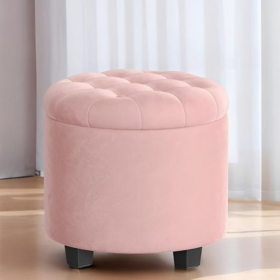 LEDREM Round Velvet Storage Ottoman - 17.7" Foot Rest Stool with Hidden Compartment, 330lb Capacity, for Living Room, Bedroom, Dorm, Jelly Pink