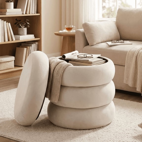 LEDREM Round Velvet Storage Ottoman with Removable Lid, 16.9 Inch Upholstered Foot Stool for Living Room Bedroom, Cream White