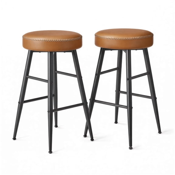 LEDREM Set of 2 Backless Counter Height Bar Stools, Kitchen Island Stools with Padded Synthetic Leather,24.8-inch Tall,Caramel Brown