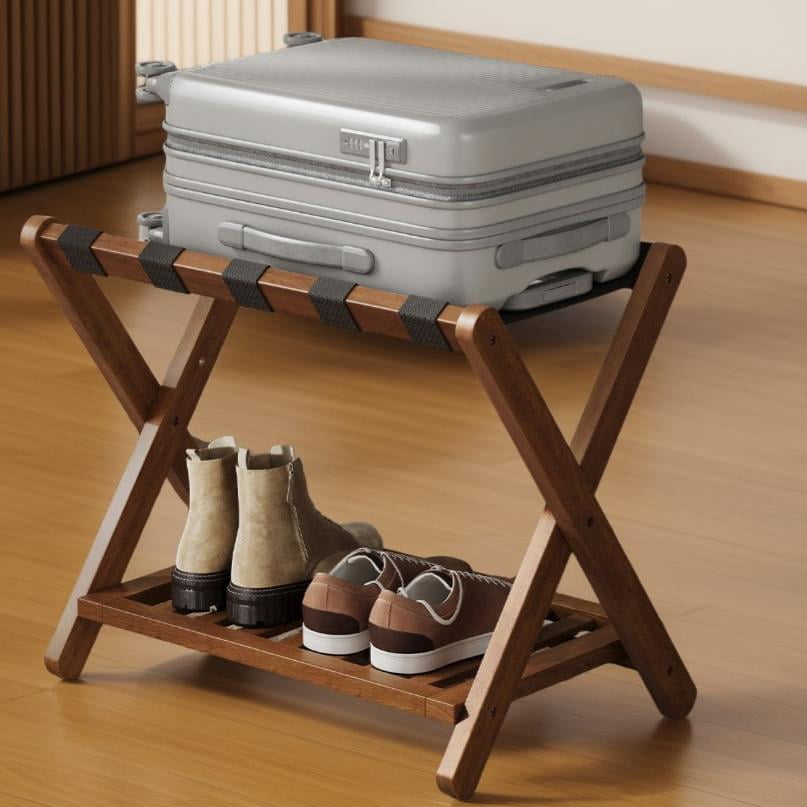 Guest Storage Rack LEDREM Set of 2 Solid Wood Luggage Rack with Storage Shelf, Foldable ...