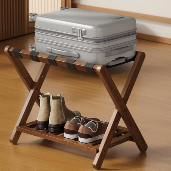 LEDREM Set of 2 Solid Wood Luggage Rack with Storage Shelf, Foldable Suitcase Stand No Assembly Required for Guest Room Hotel Bedroom, Coffee Brown