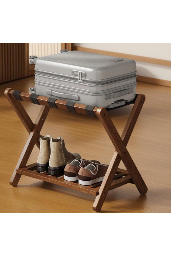 Set of 2 Solid Wood Luggage Rack with Storage Shelf, Foldable Suitcase Stand No Assembly Required for Guest Room Hotel Bedroom, Coffee Brown