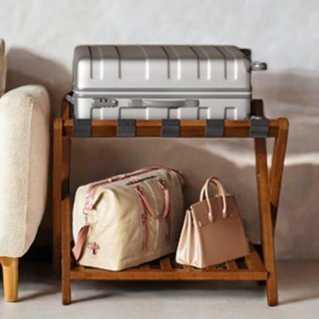 LEDREM Set of 2 Solid Wood Luggage Rack with Storage Shelf, Foldable Suitcase Stand No Assembly Required for Guest Room Hotel Bedroom, Coffee Brown