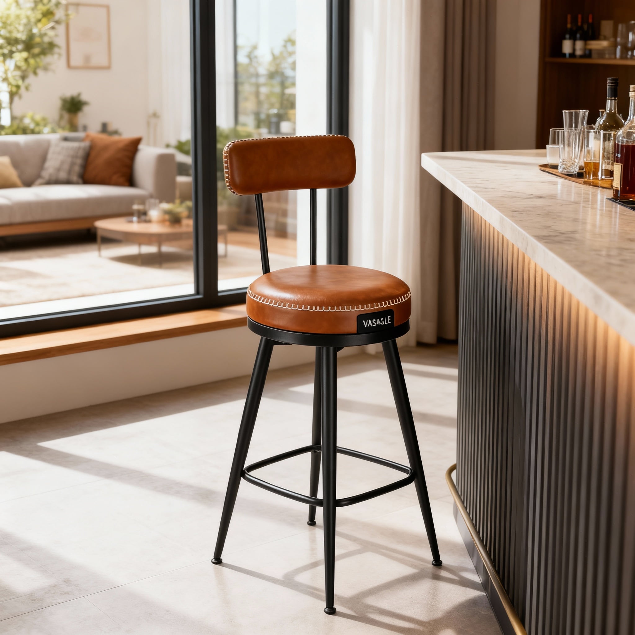 LEDREM Set of 2 Swivel Counter Height Bar Stools with Back,Kitchen&Home Bar Chairs,Padded Synthetic Leather Seats,25.6-Inch Tall,Caramel Brown