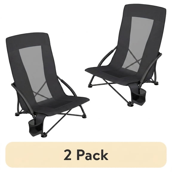 LEDREM Set of 2 Heavy-Duty Folding Chairs, 330lb Capacity Portable Camping Chairs with High Backrest & Cup Holder, Includes Carry Bag, Black