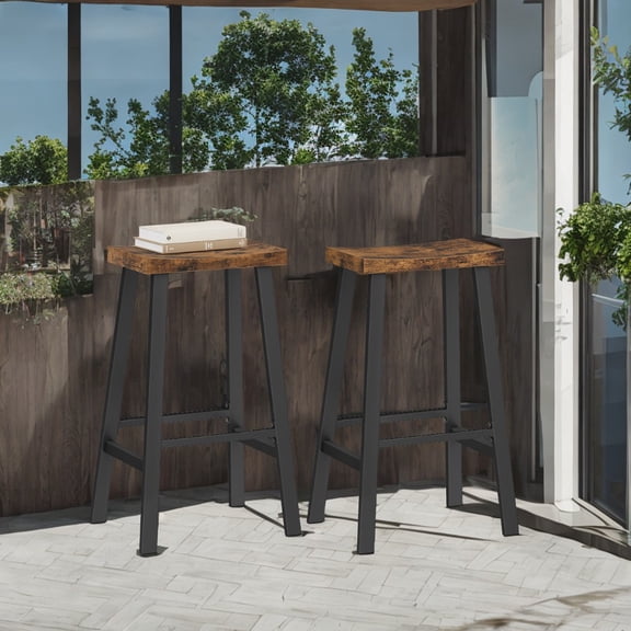 LEDREM Set of 2 Industrial Bar Stools, 29.1-Inch Counter Height Stools with Footrest & Curved Seat, Rustic Brown