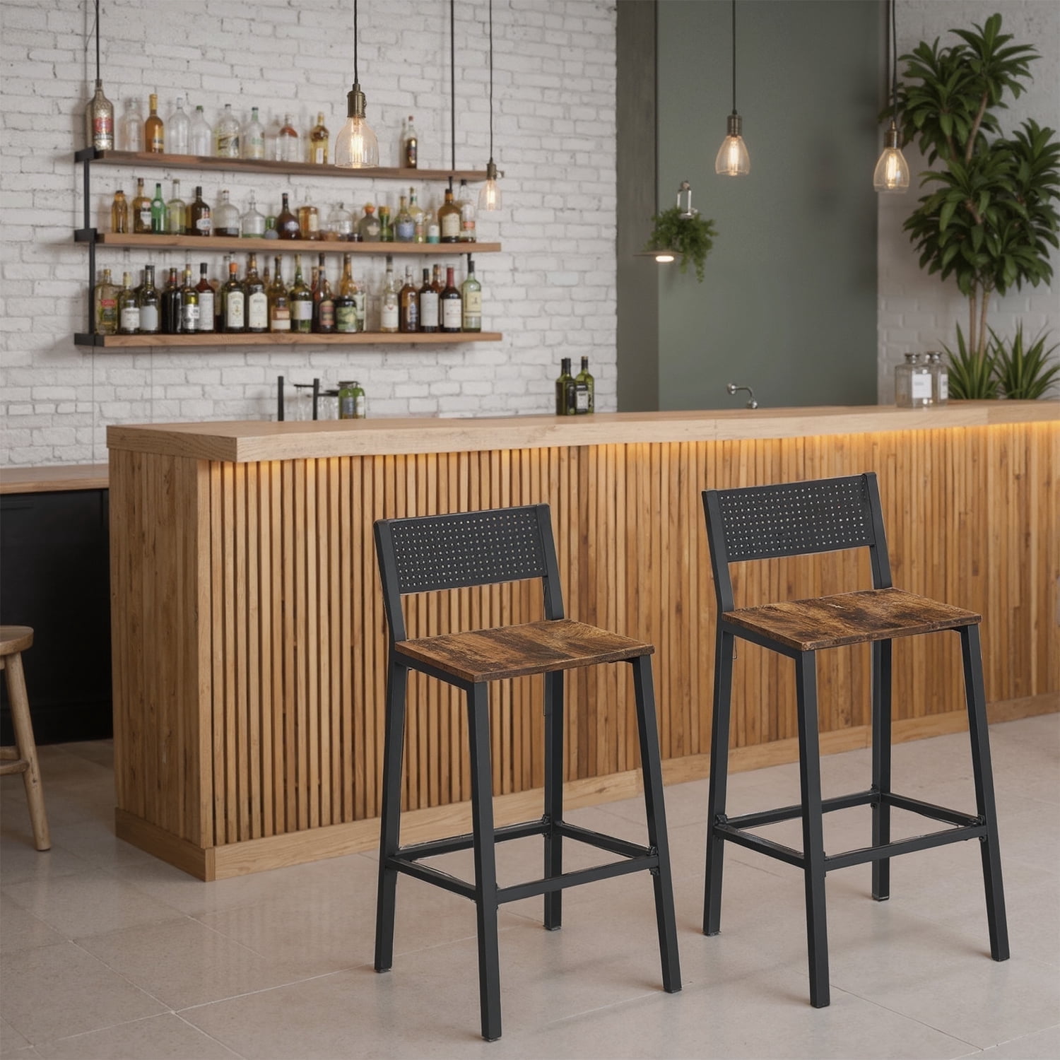 LEDREM Set of 2 Industrial Bar Stools with Backrest, Tall Chairs for Kitchen Counter & Home Bar, 286lb Capacity, Rustic Brown and Black