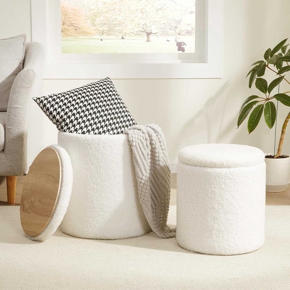 LEDREM Set of 2 Round Storage Ottomans, Teddy Fleece Vanity Stools with Removable Lid, Footrest & Coffee Table, for Living Room, Bedroom, Cream White