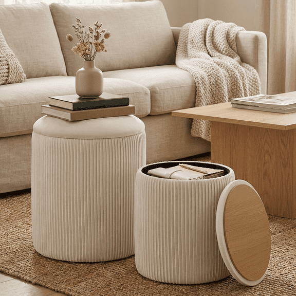 LEDREM Set of 2 Round Velvet Storage Ottomans, Vanity Stools with Removable Lid, Footrest & Coffee Table, for Living Room, Bedroom, Cream White