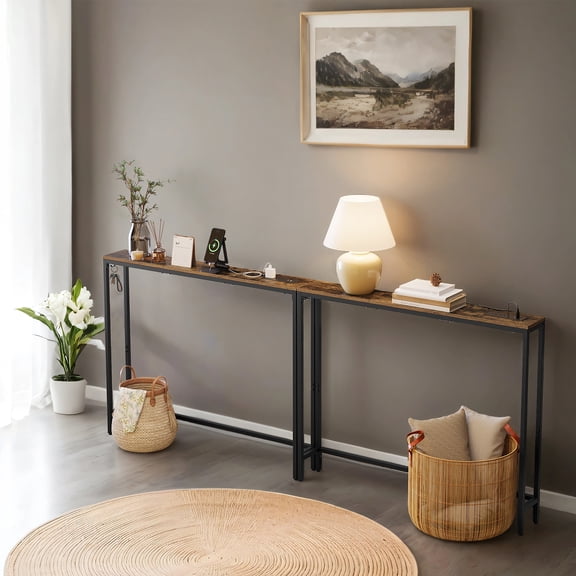 LEDREM Set of 2 Slim Console Tables with Power Outlets, Behind Couch Sofa Tables with USB Ports and Hooks, Rustic Brown and Ink Black