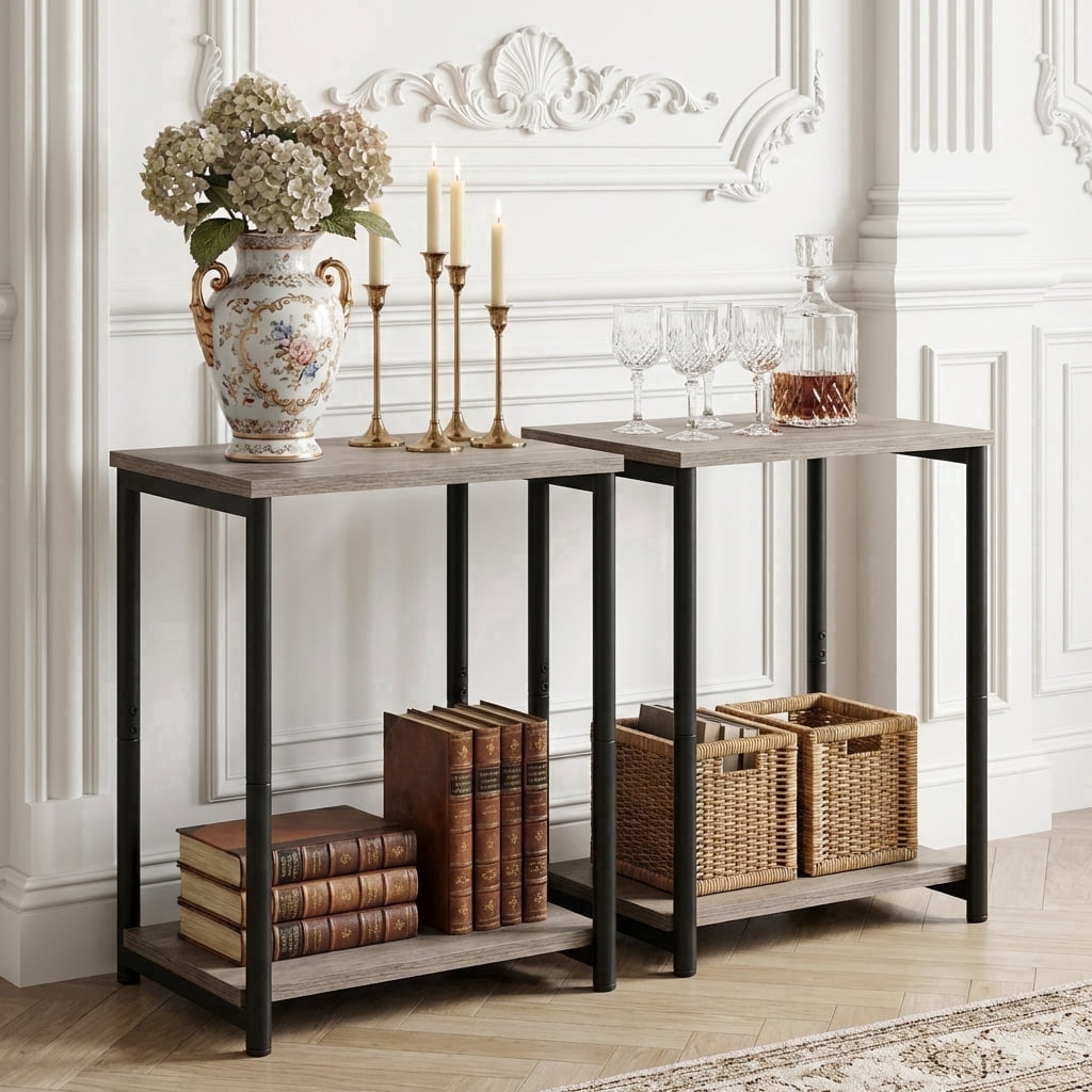 LEDREM Industrial 2-Pack Accent End Tables, Sturdy Steel Frame & Particleboard, Easy assembly, Adjustable Feet Slim Side Table, Greige and Black