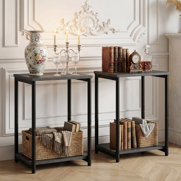 LEDREM Set of 2 Slim Side Tables with Adjustable Feet, 15.2 Inch Small End Tables for Living Room Bedroom, Misty Gray and Black
