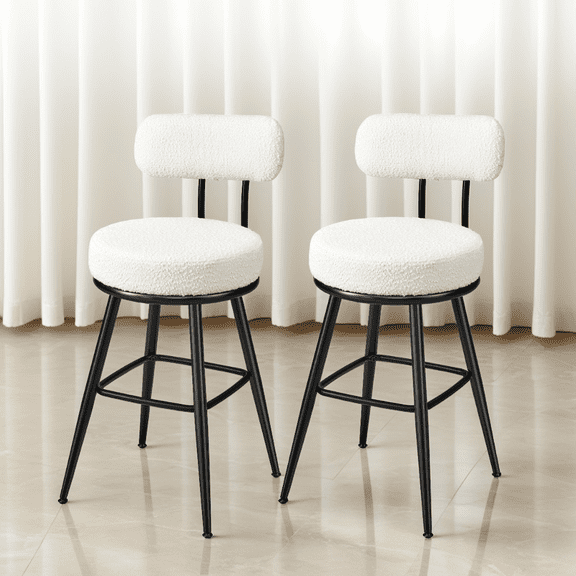 LEDREM Set of 2 Swivel Bar Stools with Back, Counter Height Boucle Fabric Stools, 25.4-Inch Tall Modern Kitchen Stools, Cloud White