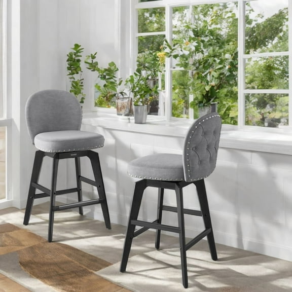 LEDREM Set of 2 Swivel Bar Stools with Backrest, 26.2" Counter Height, Chenille Fabric & Wood Legs, 360° Rotation, Slate Gray