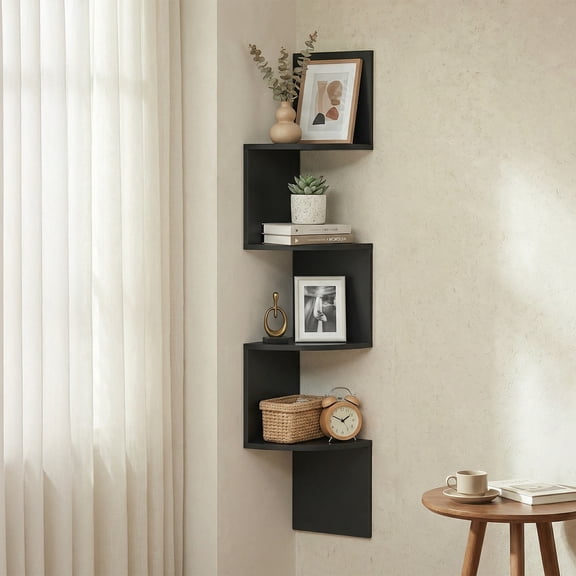 LEDREM Set of 2 Wall-Mounted Corner Shelves, 4-Tier Floating Bookshelves, Zigzag Design for Bedroom Living Room Bathroom Home Office, Ink Black