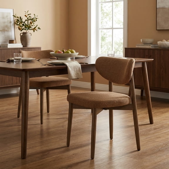 LEDREM Set of 2 Wooden Dining Chairs, Upholstered Kitchen Chairs with Solid Wood Legs, Curved Backrest, Built-In Handle, Mid Century Modern, Caramel
