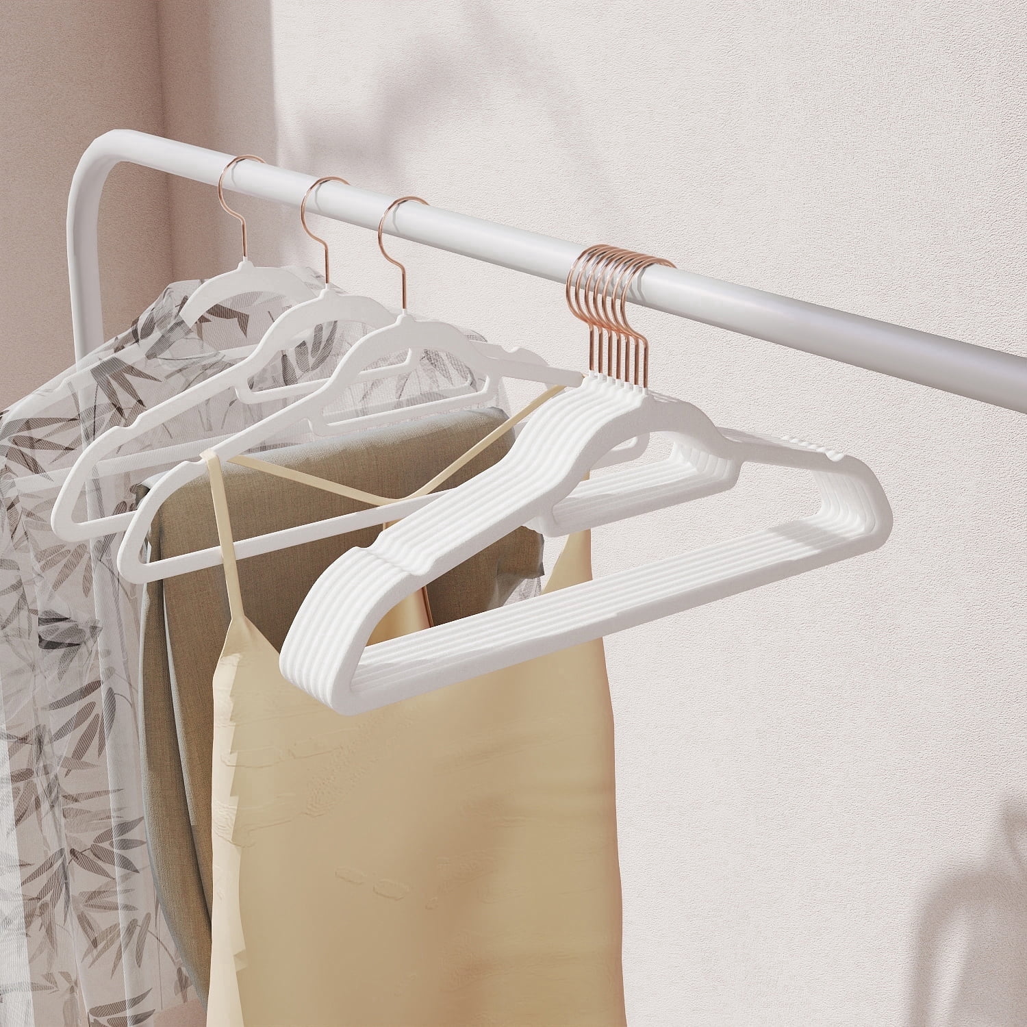 LEDREM Set of 50 Velvet Hangers with Rose Gold Swivel Hooks, Non-Slip Space Saving Hangers for Shirts and Dresses, Cloud White