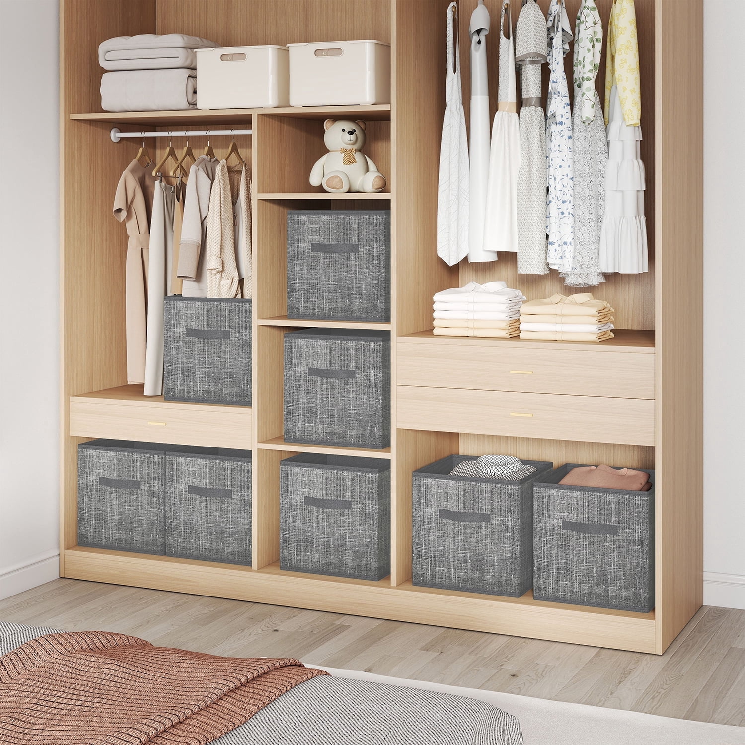 LEDREM Set of 8 Foldable Fabric Storage Cubes, 13" Closet Organizer Bins with Handles for Shelves, Cattail Gray