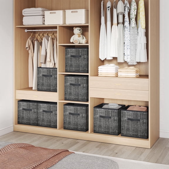 LEDREM Set of 8 Foldable Fabric Storage Cubes, 13-Inch Closet Organizer Bins with Handles for Shelves, Ink Black