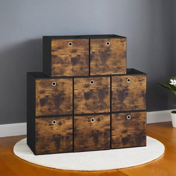 LEDREM Set of 8 Foldable Fabric Storage Cubes, 13 Inch Collapsible Storage Bins for Cube Shelves, Rustic Brown and Ink Black