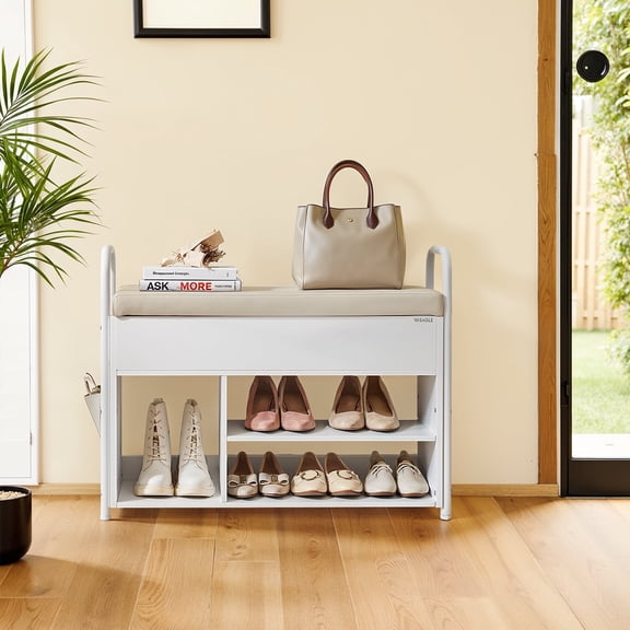 LEDREM Shoe Bench with Storage, Entryway Shoe Rack with Lid Compartment, PU Side Pockets, Padded Seat, Handles, Cloud White & Cappuccino Beige