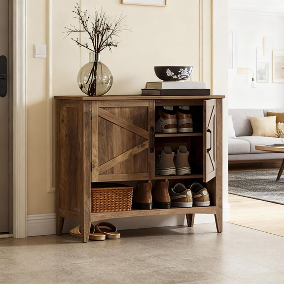 LEDREM Shoe Cabinet with 3-Tier Storage, Farmhouse Freestanding Shoe Organizer, Height-Adjustable Shelf, Entryway Storage Unit, Honey Brown