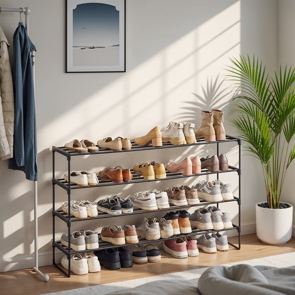 LEDREM Shoe Rack, 4-Tier Metal Shoe Organizer for Entryway, Stands Upright or Upside Down, Holds 25-30 Pairs, Stackable & Tool-Free, Black