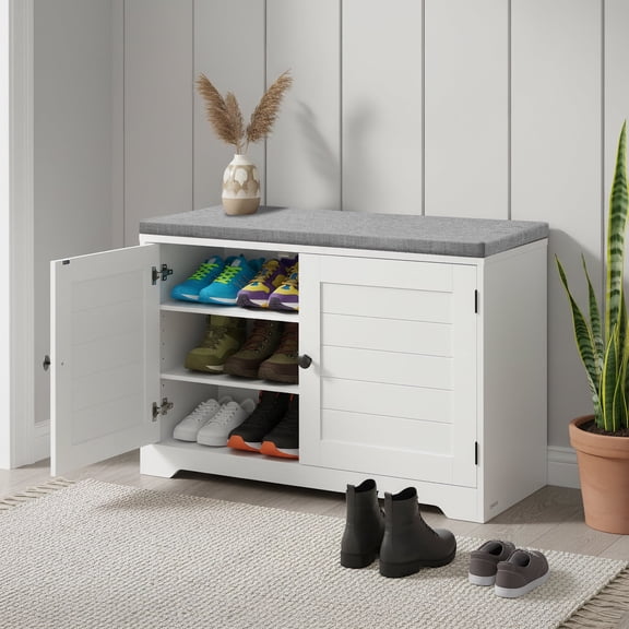 LEDREM Shoe Storage Bench with Cushion, 3-Tier Entryway Bench with Adjustable Shelves and Doors, Hallway, Bedroom, Cloud White and Dove Gray