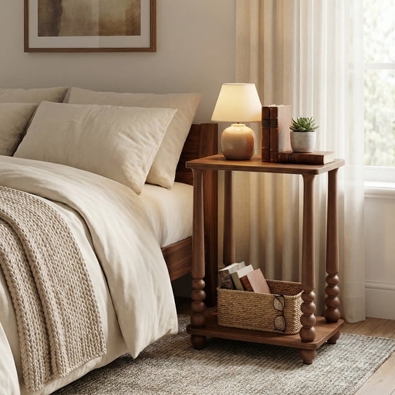LEDREM Side Table, Accent Nightstand for Small Spaces, Rectangular End Table with Shelf & Solid Wood Legs, Mid-Century Modern, Chestnut Walnut