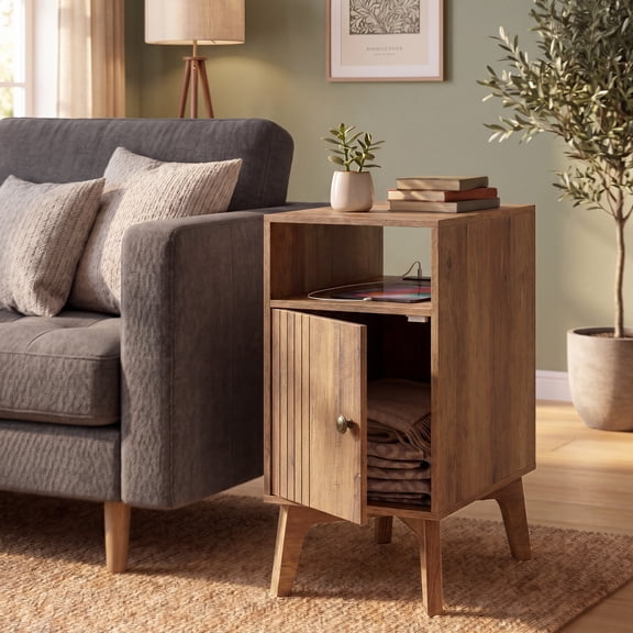LEDREM Side Table with Charging Station, Nightstand with Cabinet, Narrow End Table, Tapered Legs, Brown