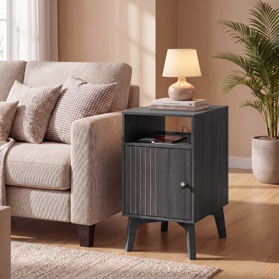 LEDREM Side Table with Charging Station, Nightstand with Cabinet, Narrow End Table, Tapered Legs, Dark Gray