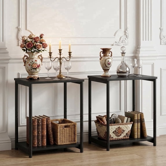 LEDREM Industrial 2-Pack Accent End Tables, Sturdy Steel Frame & Particleboard, Easy assembly, Adjustable Feet Slim Side Table, Black