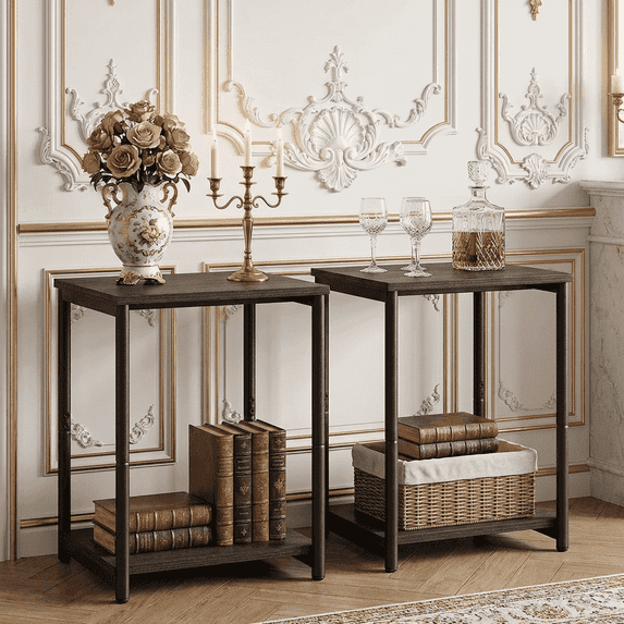 LEDREM Industrial 2-Pack Accent End Tables, Sturdy Steel Frame & Particleboard, Easy assembly, Adjustable Feet Slim Side Table, Brown & Black
