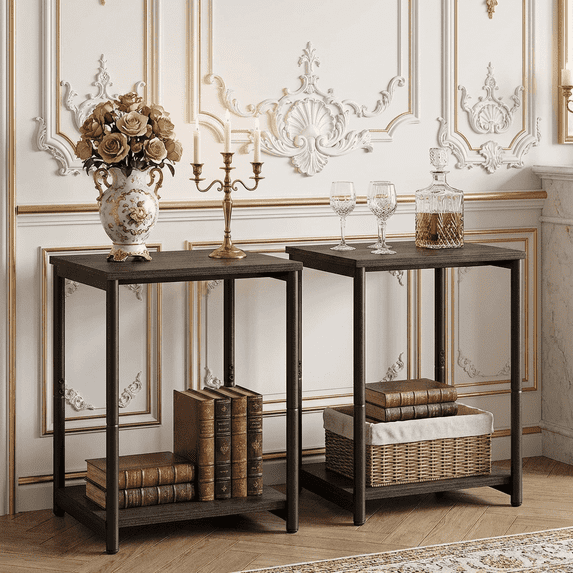 LEDREM Industrial 2-Pack Accent End Tables, Sturdy Steel Frame & Particleboard, Easy assembly, Adjustable Feet Slim Side Table, Brown & Black