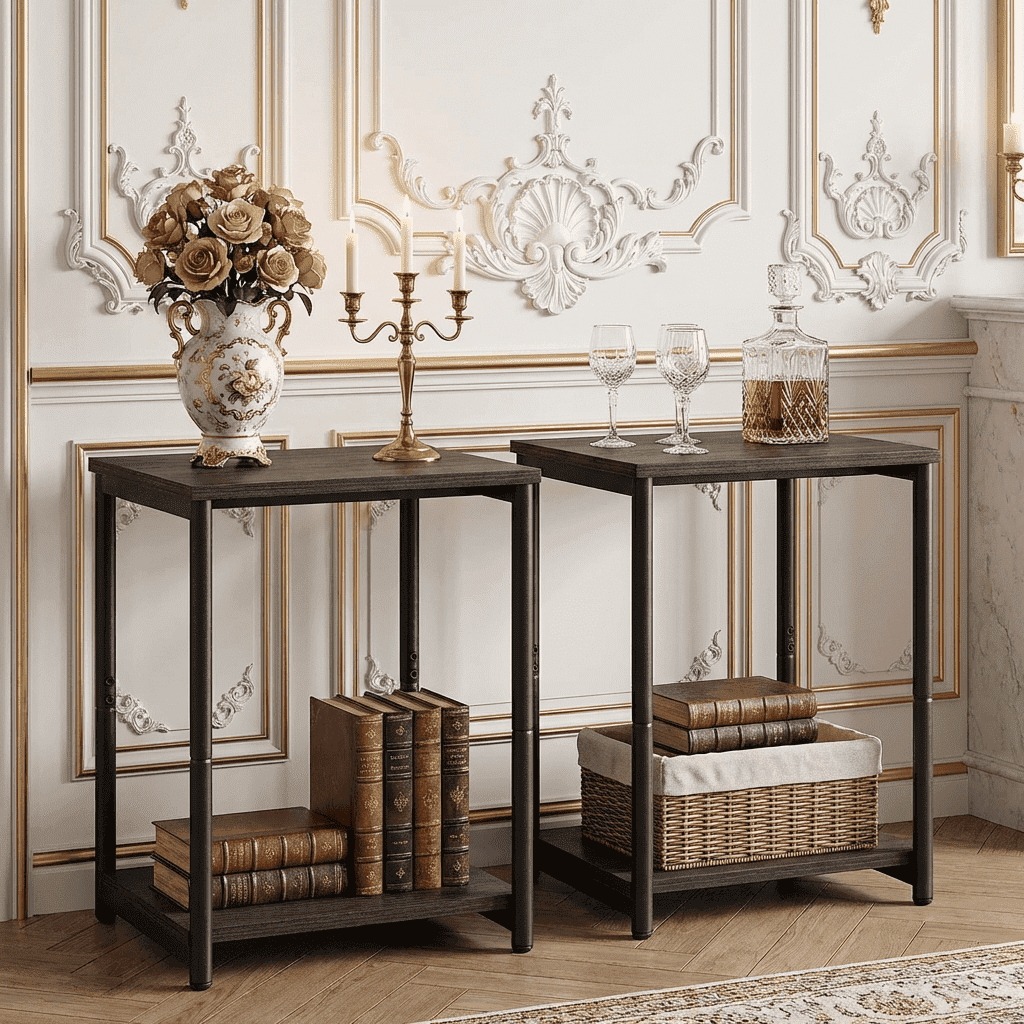 LEDREM Industrial 2-Pack Accent End Tables, Sturdy Steel Frame & Particleboard, Easy assembly, Adjustable Feet Slim Side Table, Brown & Black