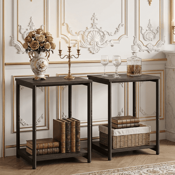 LEDREM Side Tables Set of 2, Slim Industrial End Tables with Storage Shelf, Sturdy Steel Frame & Particleboard, Multi-Use for Living Room，Bedroom，Office, Chestnut Brown & Black
