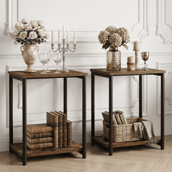 LEDREM Side Tables, 2pcs Narrow End Tables with Shelf for Livingroom Bedroom, Rustic Brown & Black