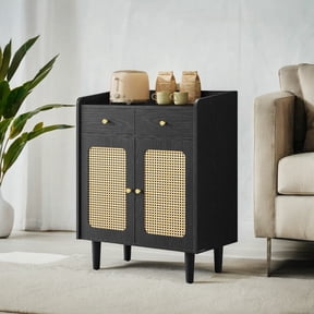 LEDREM Sideboard Cabinet with Rattan Doors & Drawers, Adjustable Shelf, Coffee Bar or Entryway Storage, Solid Wood Legs, Ebony Black