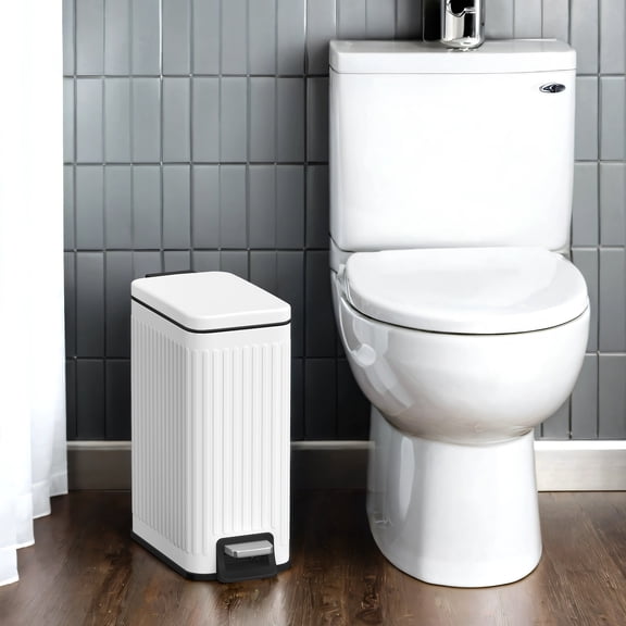 LEDREM Slim Bathroom Trash Can with Lid , 1.6 Gallon Soft-Close Step Bin , Fluted Design for Small Spaces - Stainless Steel ,Black ,White