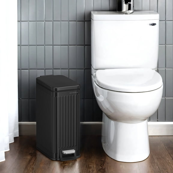 LEDREM Slim Bathroom Trash Can with Lid , 1.6 Gallon Soft-Close Step Bin , Fluted Design for Small Spaces - Stainless Steel ,Black