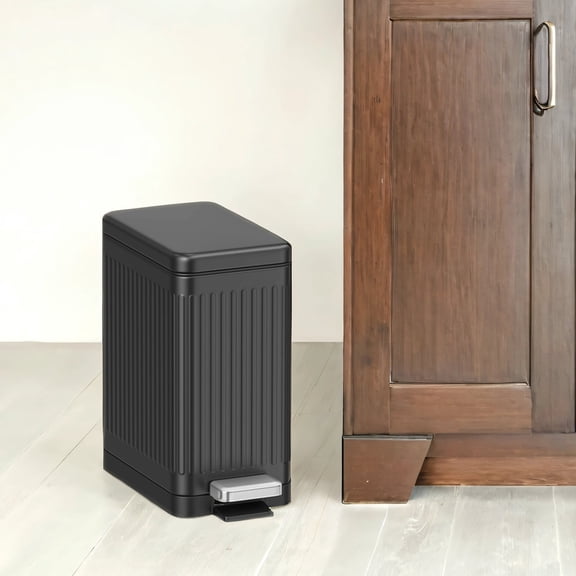 LEDREM Slim Bathroom Trash Can with Lid , 2.6 Gallon Soft-Close Step Trash Bin , Fluted Design for Small Spaces - Stainless Steel ,Black