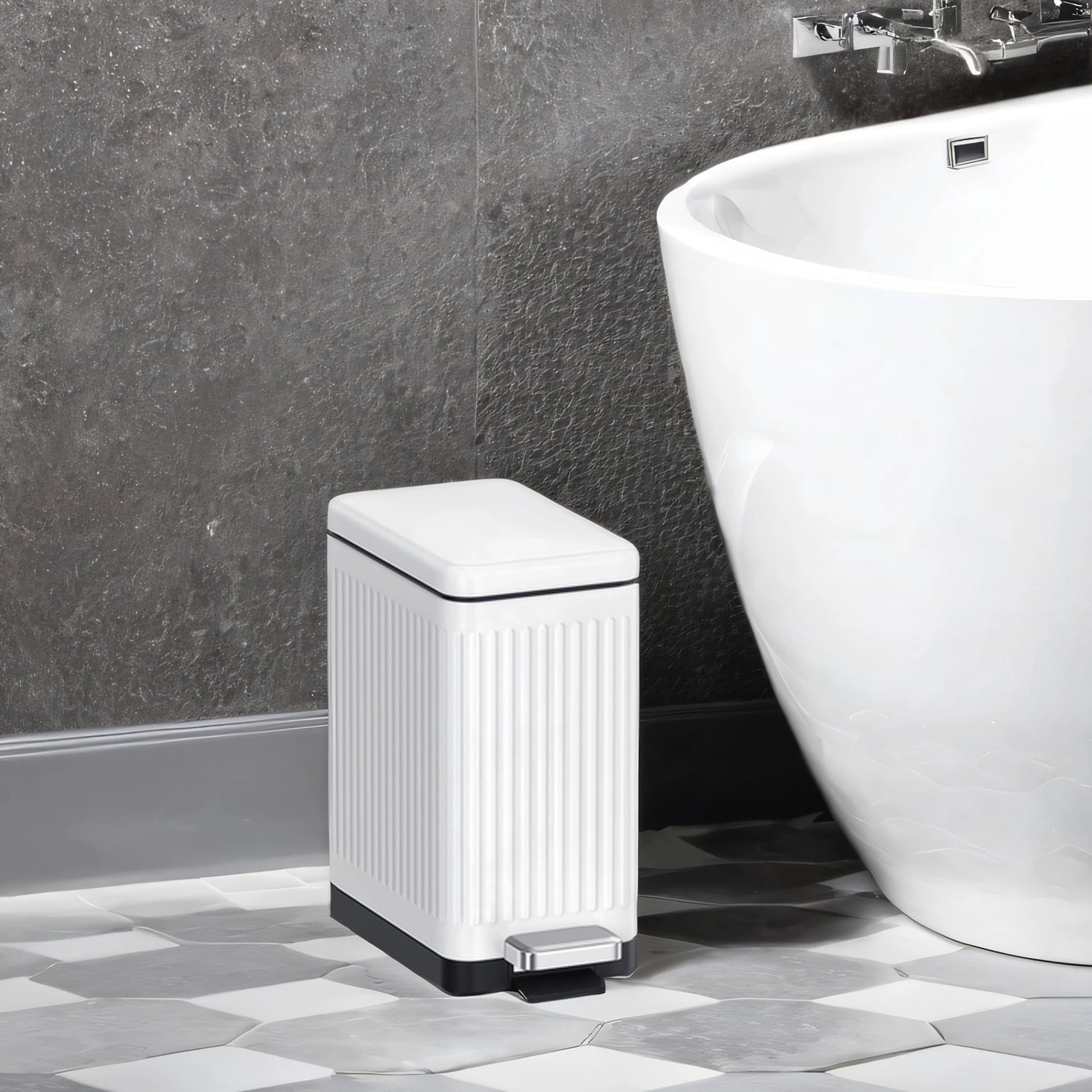 LEDREM Slim Bathroom Trash Can with Lid , 2.6 Gallon Soft-Close Step Trash Bin , Fluted Design for Small Spaces - Stainless Steel ,White